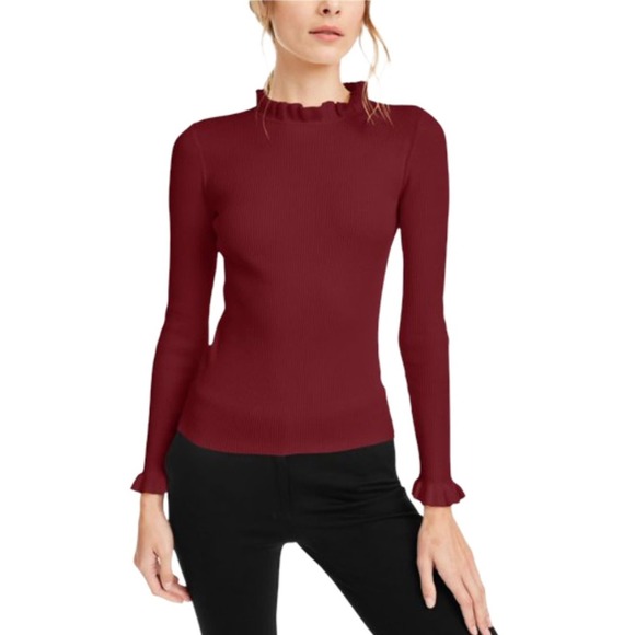 ANNE KLEIN Red Ruffled Long Sleeve Mock Sweater - Picture 1 of 7